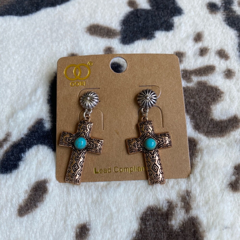 Copper and Silver Cross Dangle stud Earrings